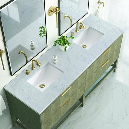 James Martin Vanities Emmeline 72in Double Vanity, Pebble Oak w/ 3 CM Carrara Marble Top D100-V72-PBO-3CAR